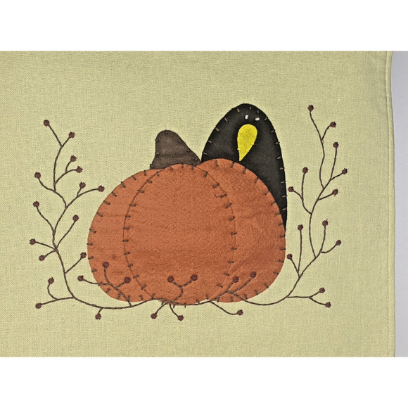 NEW Pumpkin Crow Table Runner Autumn Halloween Cotton w/ Felt Overlays 14 x 72" - Picture 2 of 4